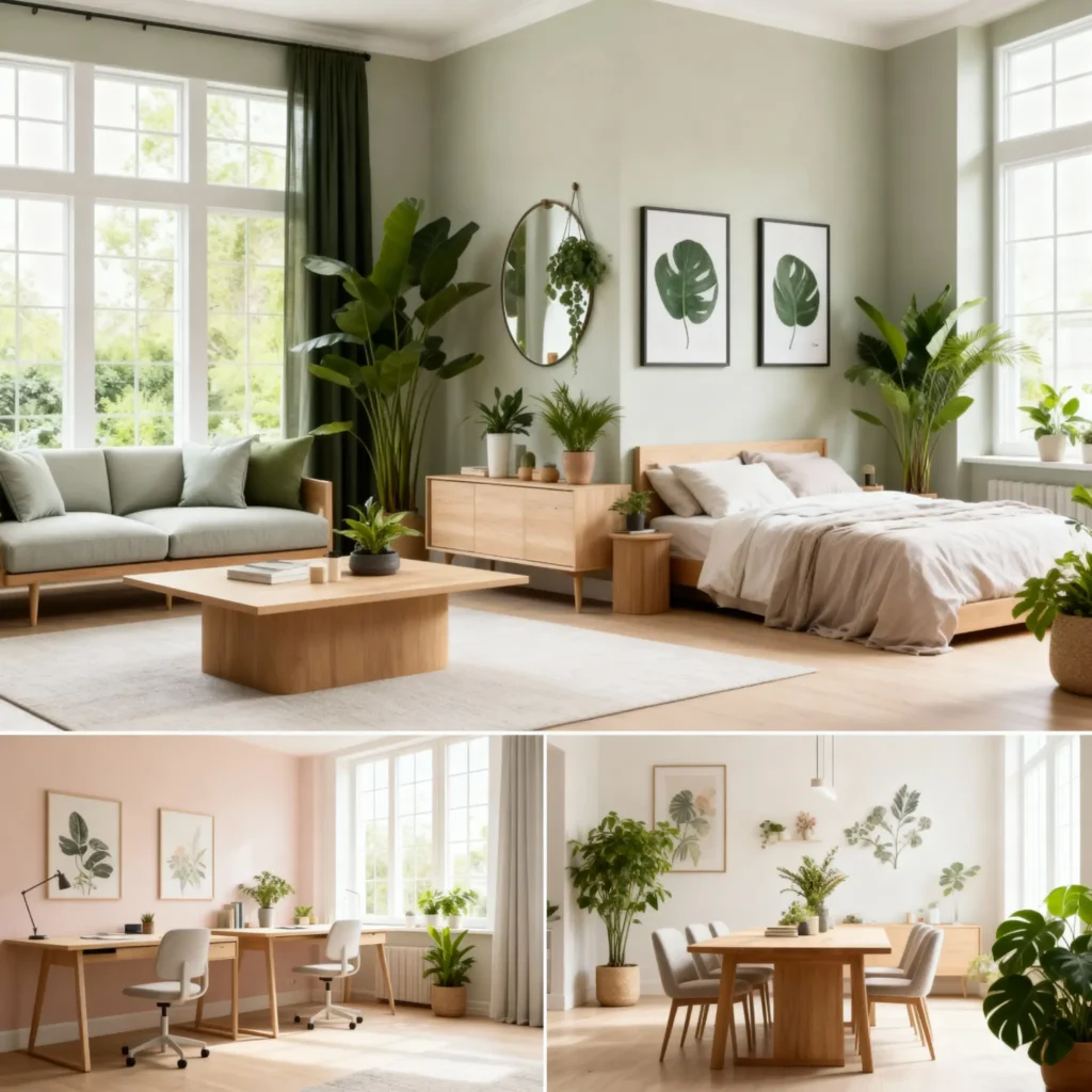 Décoration intérieure nature avec bois clair et plantes, ambiance moderne en Dordogne