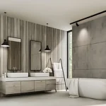 Salle de bain design en bois et béton réalisée par une décoratrice en Dordogne