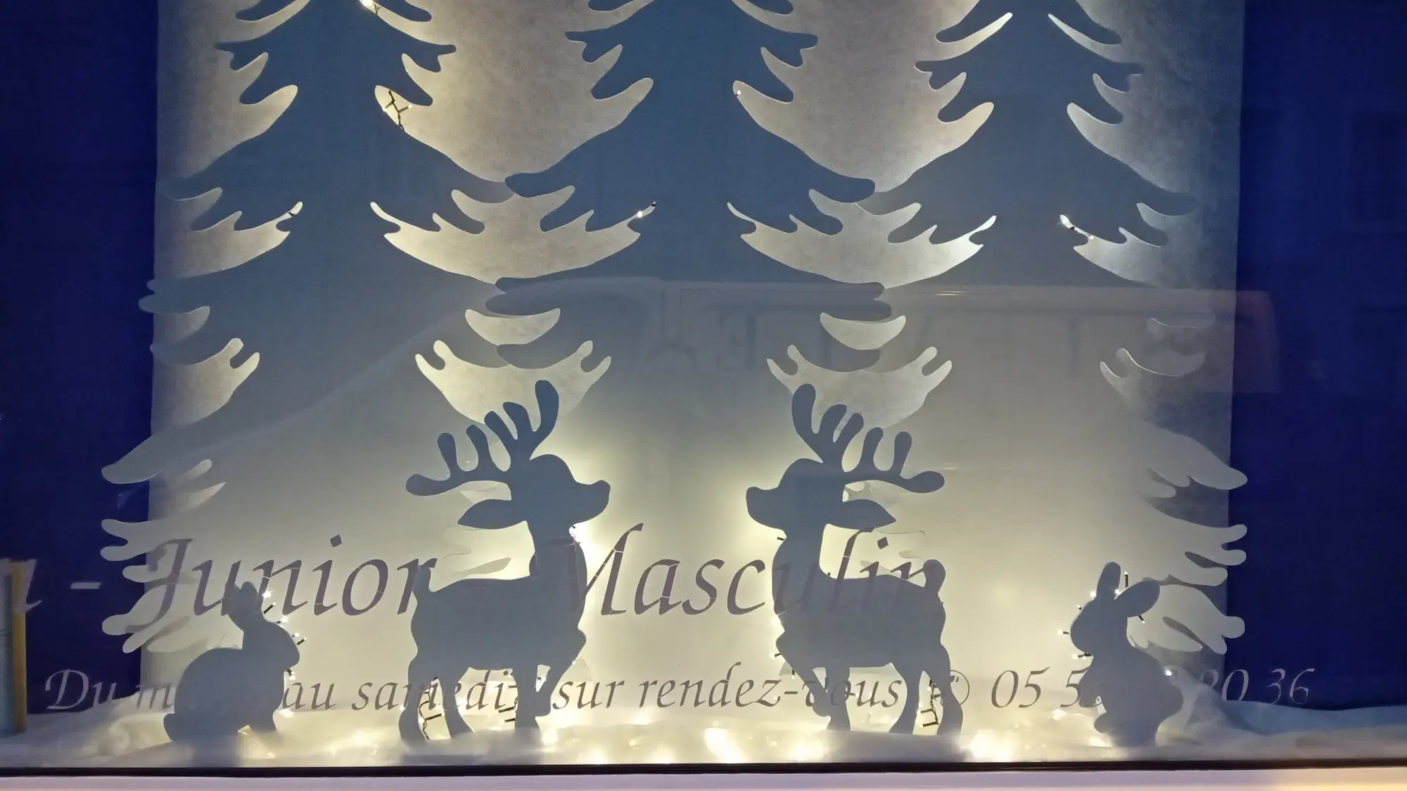 Vitrine de Noël du salon de coiffure Sylvie Mondon à Mouleydier Bergerac avec sapin lumineux et silhouettes de rennes et lapins fait main